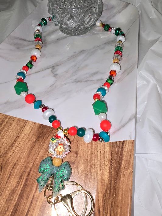 Green Bow Christmas beaded Lanyard